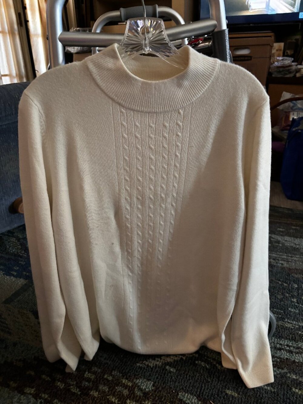 Allison Daley White Cable Knit Mock Neck Long-Sleeve Sweater, Size LARGE